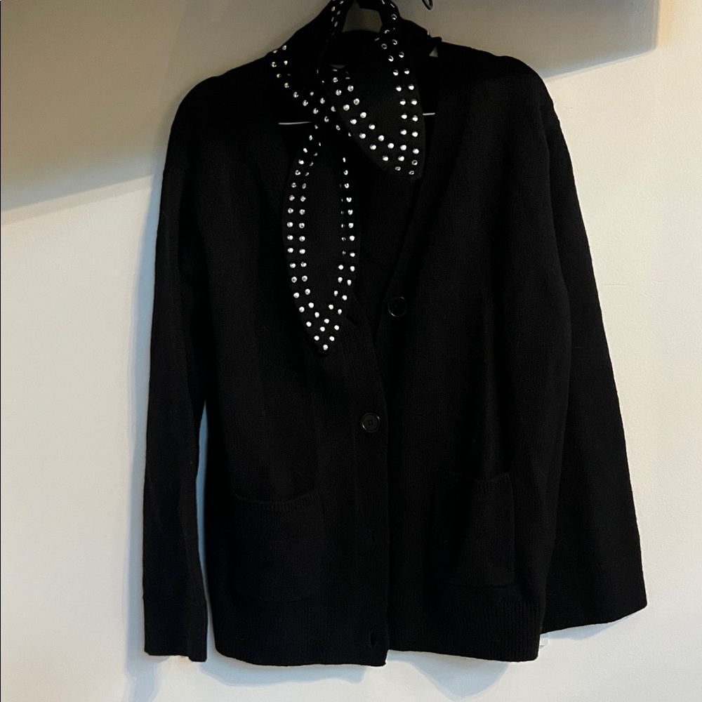 H and M Elegant Black Women's Cardigan with silver studded attached Scarf
